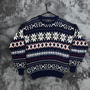 American Portrait Sweater Mens Large Blue Fair Isle Snowflake Knit Cotton USA